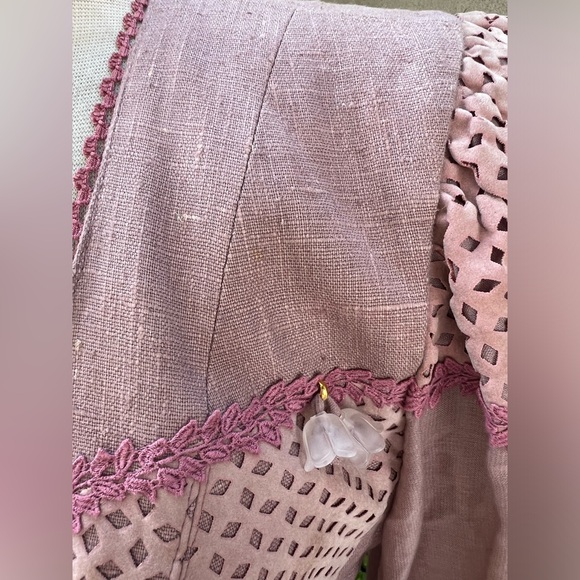 Vintage glam blazer jacket dusty rose linen faux suede floral beads Med La Foret - Picture 14 of 14